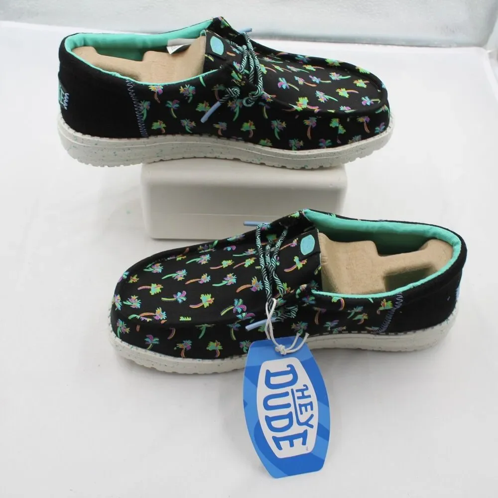 HEYDUDE Wally Funk Tropical Palm Youth Size 6 Junior Slip On Shoes Black Multi